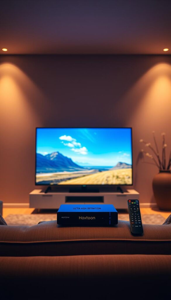 An ultra-high-definition 4K IPTV setup with sleek black Hoxtoon Provider set-top box, modern wireless remote, and a large 4K flat-screen TV displaying crystal-clear digital imagery. The room is bathed in warm, directional lighting, creating a cozy and inviting atmosphere. The technology seamlessly blends into the minimal, modern decor, with clean lines and neutral tones. The image conveys the premium, cutting-edge experience of 4K IPTV streaming for the ultimate home entertainment.