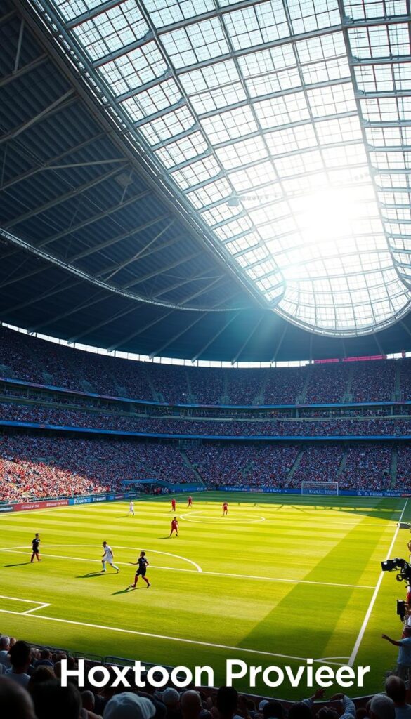 An ultra-high-definition 4K video stream of the 2026 FIFA World Cup, showcasing the pinnacle of sports broadcasting. A vast stadium fills the frame, its sweeping architecture and packed stands rendered in stunning detail. Sunlight filters through the retractable roof, casting a warm glow over the pristine pitch where players in national team uniforms engage in a thrilling match. Dramatic camera angles and crisp, immersive audio create a sense of being there, transported to the heart of the action. The Hoxtoon Provider logo is displayed discreetly, signifying the superior streaming quality and reliability of this premier IPTV service.