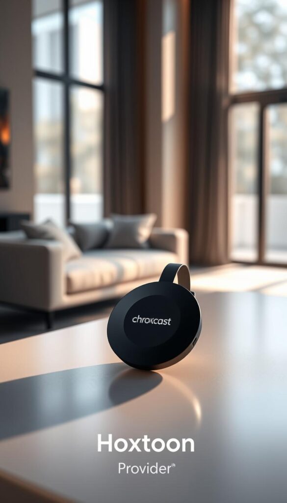 An ultra-high-definition IPTV device with the Chromecast 4K logo prominently displayed. The device is situated on a sleek, minimalist table, casting a soft, ambient glow. In the background, a modern living room with large windows allowing natural light to filter in, creating a warm and inviting atmosphere. The scene evokes a sense of seamless connectivity and advanced home entertainment, with the Hoxtoon Provider brand name subtly integrated into the design. Crisp, detailed textures and precise lighting highlight the premium quality of the Chromecast 4K technology.