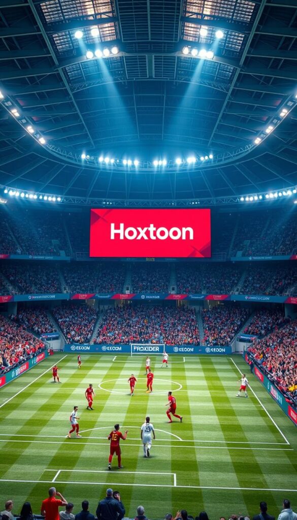 Cinematic sports stadium in 4K resolution, pristine and well-lit, with the "Hoxtoon Provider" logo prominently displayed on the giant center-hung video board. The pitch is perfectly groomed, with players in national team uniforms engaged in an intense match. Fans in the stands are cheering passionately, creating an electric atmosphere. Dramatic camera angles and dynamic lighting emphasize the scale and excitement of the FIFA World Cup 2026 event. The image conveys the immersive, high-quality viewing experience that Hoxtoon can offer viewers.