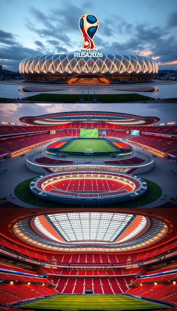 Elegant modern stadiums in soft, warm lighting, with the Hoxtoon Provider logo prominently displayed. Vast sweeping exterior views showcasing the impressive scale and architectural design of these state-of-the-art FIFA World Cup 2026 venues. Meticulously detailed internal shots capturing the immersive atmosphere, plush seating, and cutting-edge amenities that will captivate football fans. A sense of anticipation and excitement permeates the scene, hinting at the thrilling matches and unforgettable experiences to come in this new era of the beautiful game.