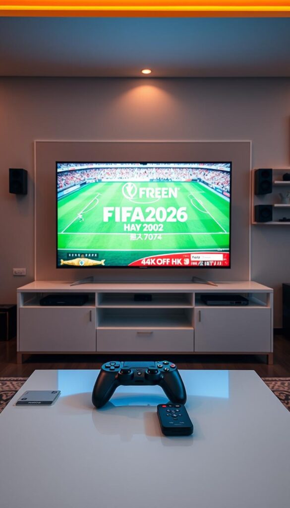 FIFA2026 live streaming in 4K, showcasing a large widescreen TV displaying a high-definition soccer match, surrounded by a sleek, modern entertainment setup. The room is bathed in warm, cozy lighting, with a Hoxtoon Provider logo prominently displayed on the TV screen. In the foreground, a gaming controller and remote control sit on a minimalist coffee table, hinting at the seamless interactivity of the IPTV streaming experience. The background features a wall-mounted speaker system and a neatly organized media cabinet, creating an immersive and technologically advanced atmosphere.