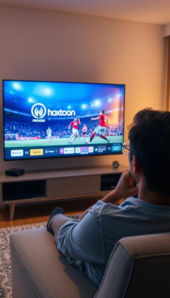 High-quality 4K cinematic-style image of a person streaming IPTV content on a modern smart TV in a cozy living room. The TV screen shows the Hoxtoon Provider logo and an action-packed live football match. Soft, warm lighting illuminates the scene, creating a relaxed and immersive atmosphere. The viewer is situated in a comfortable armchair, surrounded by minimalist home decor. Camera angle is slightly elevated, capturing the viewer's engaged, focused expression as they enjoy the IPTV experience. A sense of anticipation and excitement permeates the image, reflecting the thrill of watching the FIFA 2026 World Cup through the Hoxtoon IPTV service.
