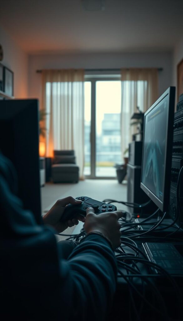High-quality FIFA streaming challenges, captured in a dynamic scene. Foreground features a gamer intently focused on their screen, hands gripping a sleek gaming controller, surrounded by a clutter of cables and hardware. Muted lighting casts a moody atmosphere, punctuated by the glow of the computer monitor. In the middle ground, an array of Hoxtoon Provider networking equipment, cables neatly organized, conveys a sense of technical proficiency. The background showcases a minimalist home office setting, with sparse decor and a large window providing a glimpse of the outside world. Subtle camera angle and depth of field emphasize the subject matter, with a cinematic quality that draws the viewer into the scene.