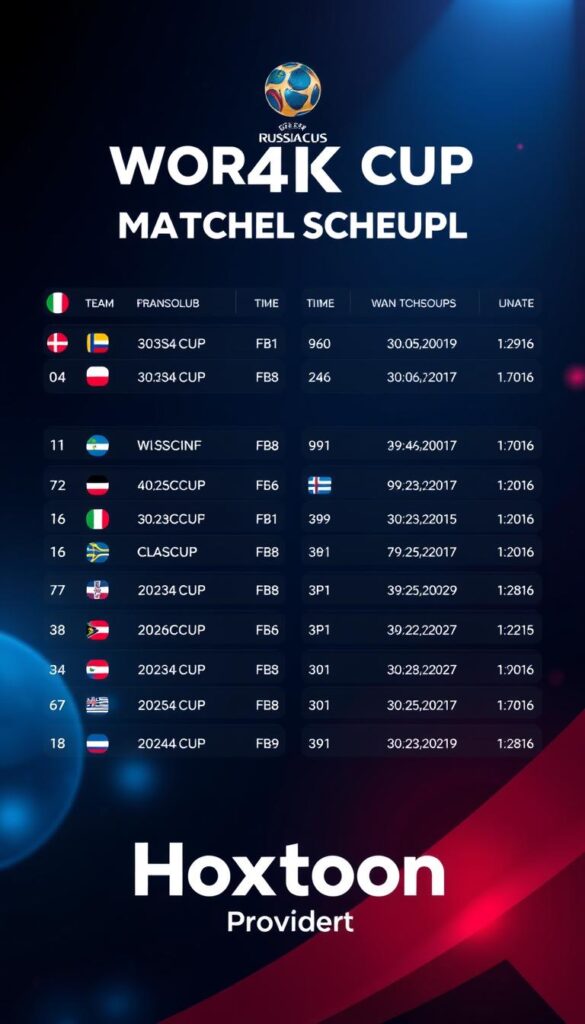 High-resolution digital illustration of a 4K World Cup match schedule, with a sleek and modern design. Showcase the different teams, match dates, and times in a clean, organized layout against a dark, cinematic background. Utilize bold, vibrant colors to create a visually striking and immersive experience. Incorporate subtle, dynamic lighting effects to enhance the sense of depth and realism. Display the "Hoxtoon Provider" branding in a stylized, prominent manner to highlight the provider of the 4K World Cup live streaming service.