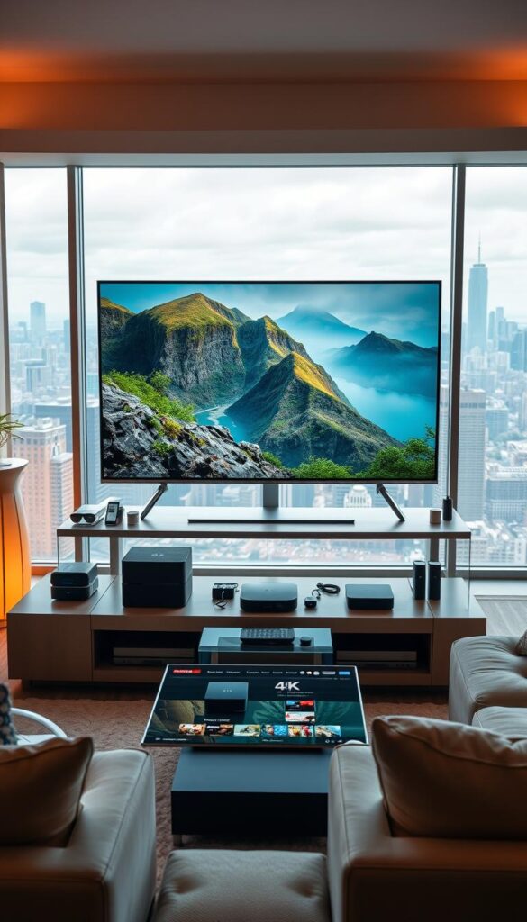 Hoxtoon Provider premium content: A cinematic view of a high-end entertainment hub. In the foreground, a sleek, modern television displays a captivating 4K nature documentary, its vibrant colors and sharp details immersing the viewer. Surrounding the TV, various premium streaming devices and smart home accessories suggest a comprehensive, integrated entertainment solution. The middle ground features a comfortable living room setting, with plush seating and warm lighting, inviting the user to sit back and enjoy the premium content. In the background, a panoramic window offers a glimpse of a bustling city skyline, hinting at the global reach and connectivity of the Hoxtoon Provider platform. The overall mood is one of sophistication, quality, and a seamless, high-end entertainment experience.