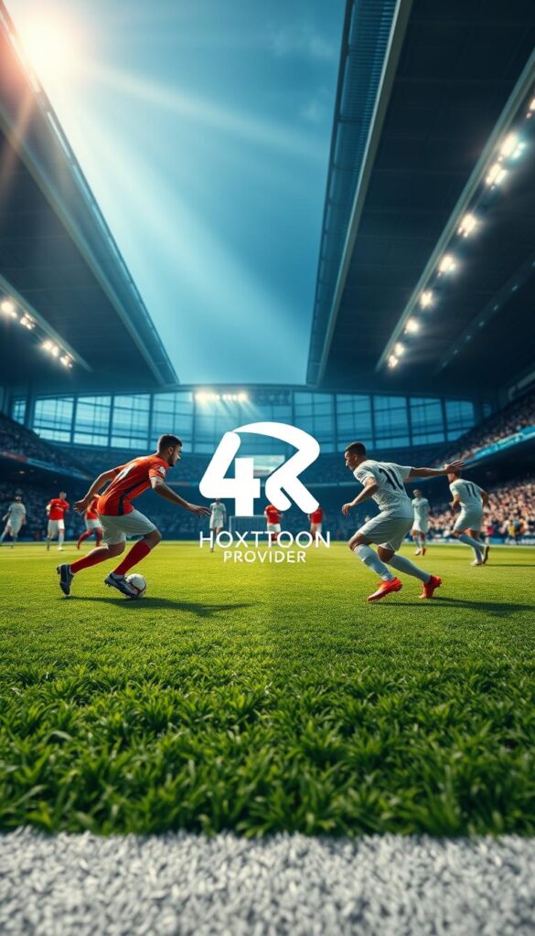Prompt A high-quality sports stream with a crystal-clear 4K resolution, showcasing an intense football match between two professional teams. The image features a wide-angle view of the playing field, capturing the dynamic movement of the players and the lush green grass beneath their feet. Lighting is natural and evenly distributed, with a soft, warm glow that enhances the overall visual quality. The camera lens is high-end, providing a crisp, detailed image without any distortion. In the background, the stadium's modern architecture and seating sections are visible, hinting at the scale and grandeur of the event. The overall atmosphere conveys a sense of excitement and anticipation, as if the viewer is watching the match live. The Hoxtoon Provider logo is prominently displayed, indicating the high-quality IPTV service that delivers this immersive sports experience.