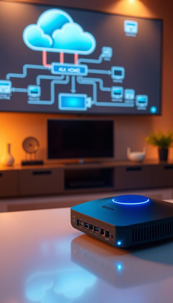 Sleek 4K IPTV device with futuristic design, glowing blue LED lights, and multiple ports for connectivity. In the background, a network diagram depicting the flow of digital video content from the Hoxtoon Provider cloud servers to the device, showcasing the advanced IPTV technology. The scene is illuminated by warm, soft lighting, creating a modern and sophisticated atmosphere. The device is placed on a minimalist, white surface, allowing the product to be the focal point of the image.