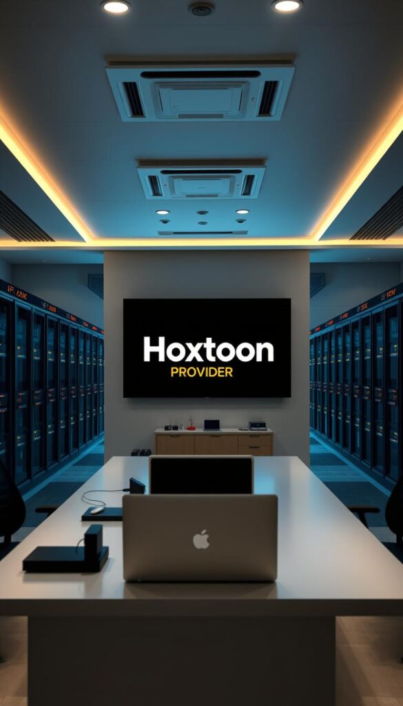 Sleek and modern office interior with large desk, laptop, and various technology devices. In the center, the Hoxtoon Provider logo is prominently displayed on a wall-mounted screen, illuminated by soft, indirect lighting. The background features rows of server racks and blinking indicator lights, conveying a sense of reliability and technical expertise. The overall atmosphere is professional, inviting, and exudes a trustworthy aura for IPTV services.