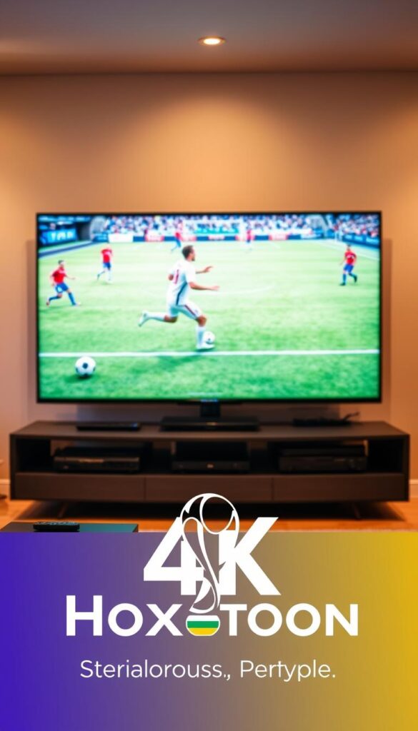 Soccer World Cup 4K IPTV coverage featuring a large, ultra-high-definition television screen displaying a dynamic soccer match, surrounded by a sleek, modern media center setup. In the foreground, a Hoxtoon Provider logo is prominently displayed, emphasizing the premium 4K IPTV service delivering the ultimate viewing experience. The midground showcases various streaming devices, remote controls, and other media equipment, all neatly arranged to create a cohesive, high-tech atmosphere. The background is softly blurred, highlighting the focus on the central IPTV display and creating a sense of depth and immersion. The overall scene is illuminated by warm, evenly distributed lighting, conveying a professional, cinematic quality.