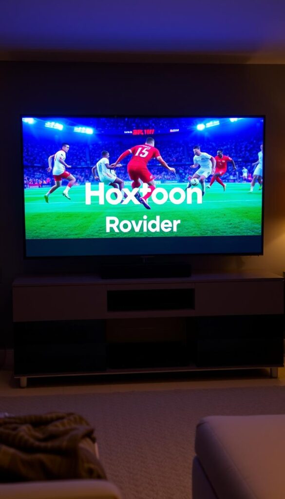 Vivid 4K soccer match playing on a large smart TV screen, the Hoxtoon Provider logo displayed prominently. The screen shows a close-up of the players, their movements crisp and detailed, with vibrant colors and deep shadows. The background is a dimly lit living room, with soft ambient lighting casting a warm glow on the scene. The TV is positioned on a modern media console, surrounded by sleek home entertainment equipment. The overall atmosphere conveys the immersive, high-quality viewing experience enabled by 4K streaming technology and the Hoxtoon Provider's reliable service.