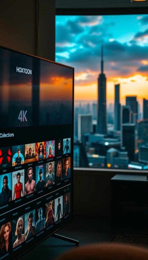 4K IPTV on-demand content library showcasing a vast collection of high-quality streaming options. In the foreground, a sleek, modern user interface displays rows of curated movie and TV show thumbnails, each crisp and vibrant in 4K resolution. The background features a futuristic cityscape, with towering skyscrapers and a vibrant skyline, hinting at the endless entertainment possibilities. The lighting is soft and warm, creating a cozy, inviting atmosphere. The camera angle is slightly elevated, providing a sense of depth and perspective. The Hoxtoon Provider brand is prominently displayed, reflecting the cutting-edge technology and comprehensive streaming experience.