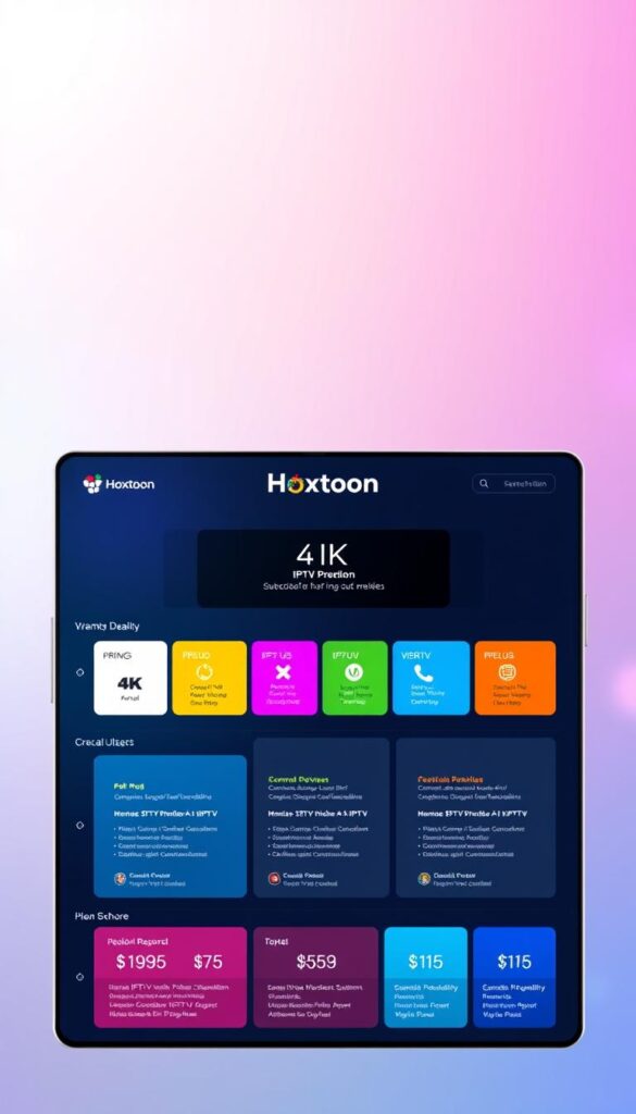 4K IPTV subscription plans from Hoxtoon Provider, displayed on a sleek and modern dashboard interface. In the foreground, a grid of colorful tiles showcases the different pricing tiers, each with detailed information about channel packages, streaming quality, and device support. The middle ground features a hero banner with the Hoxtoon logo, emphasizing the brand identity. The background has a subtle gradient with soft, ambient lighting, creating a premium, high-tech atmosphere. The overall composition and color palette convey a sense of clarity, professionalism, and the premium quality of the Hoxtoon IPTV service.