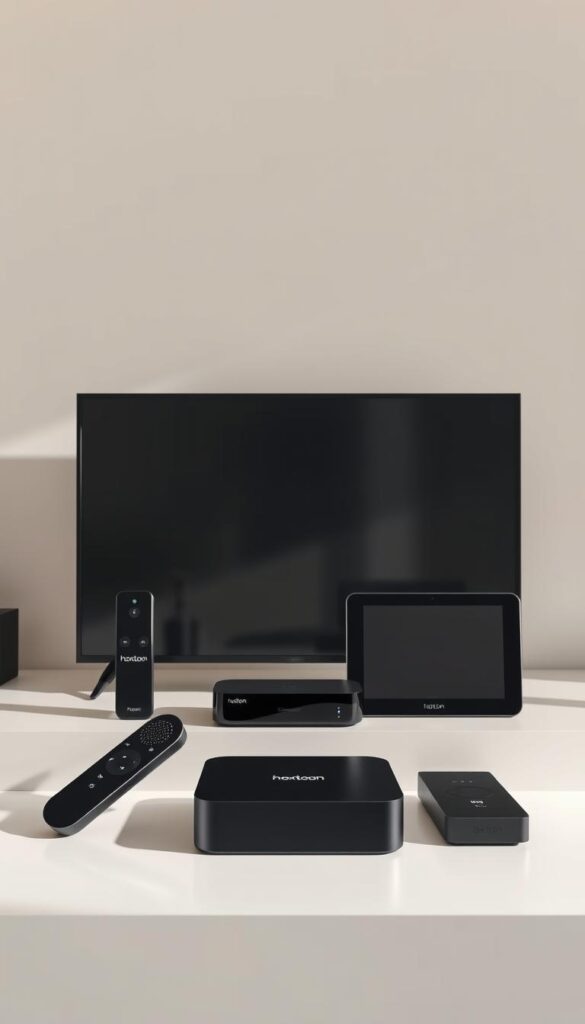 4K streaming devices arranged in a sleek, modern setting. A variety of devices, including a smart TV, streaming box, and mobile tablet, are prominently displayed on a minimalist table or shelf. The devices are rendered in high detail, showcasing their premium design and advanced capabilities. The lighting is soft and diffused, creating a warm, inviting atmosphere. The background is a simple, uncluttered space, allowing the devices to be the focus of the image. The Hoxtoon Provider brand name is subtly incorporated into the design, perhaps as a discreet logo or label on one of the devices. The overall composition conveys the ease and versatility of 4K IPTV streaming with Hoxtoon's 6-device support.