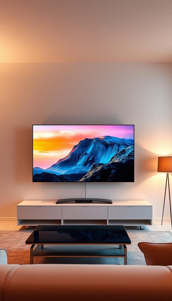 A breathtaking 4K live IPTV streaming experience showcased on a sleek, high-definition display. The scene depicts a serene living room, with a large, flat-screen television set prominently displayed. The screen is filled with a vibrant, crystal-clear image, showcasing the superior video quality provided by the Hoxtoon Provider IPTV service. Soft, warm lighting illuminates the room, creating a cozy and inviting atmosphere. The television is positioned in the middle ground, with a modern, minimalist entertainment center in the foreground and a well-appointed, contemporary-style living space in the background. The image conveys a sense of technological sophistication and visual splendor, perfectly capturing the essence of a premium 4K IPTV streaming experience.