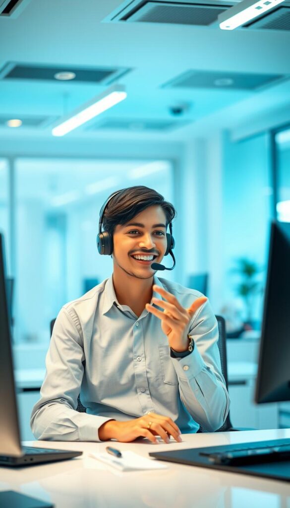 A bright and well-lit office interior, with a professional customer service representative of the Hoxtoon Provider IPTV service sitting at a desk, wearing a collared shirt and headset. The representative has a friendly, approachable expression and is gesturing with their hands as they assist a customer over the phone. The background features a clean, modern design with sleek furniture and equipment, conveying a sense of efficiency and reliability. Soft, diffused lighting illuminates the scene, creating a warm and inviting atmosphere. The overall image captures the essence of a dependable, high-quality IPTV customer support experience.