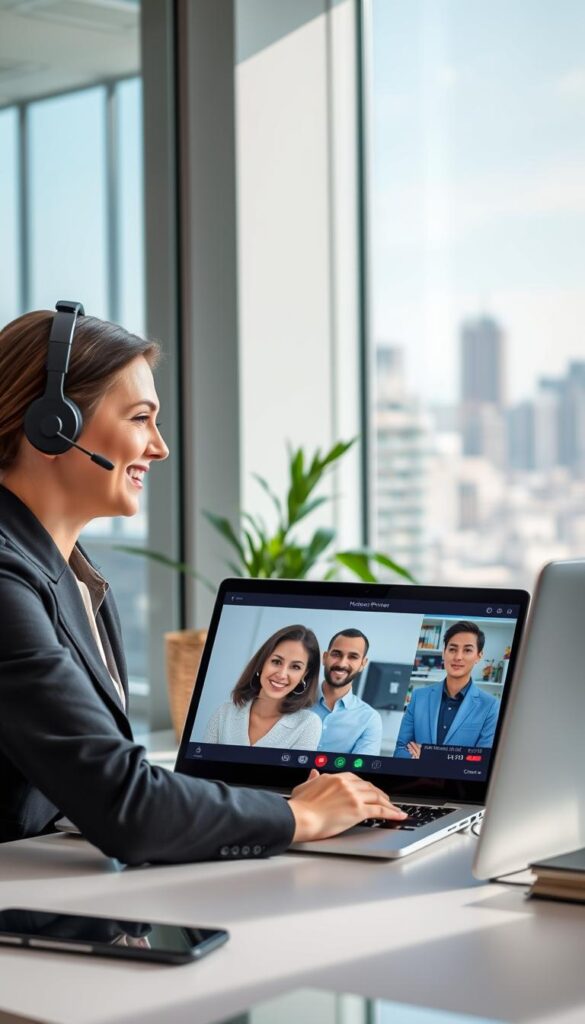 A bright, modern office setting with a Hoxtoon Provider customer support representative assisting a customer via video call. The representative has a warm, friendly demeanor and is dressed professionally. The customer, shown on a laptop screen, appears relieved and satisfied as the representative addresses their IPTV-related concerns. The room is well-lit, with large windows overlooking a cityscape in the background. The Hoxtoon Provider logo is discreetly visible on the representative's desk. The overall atmosphere conveys efficiency, competence, and a commitment to providing excellent customer service.
