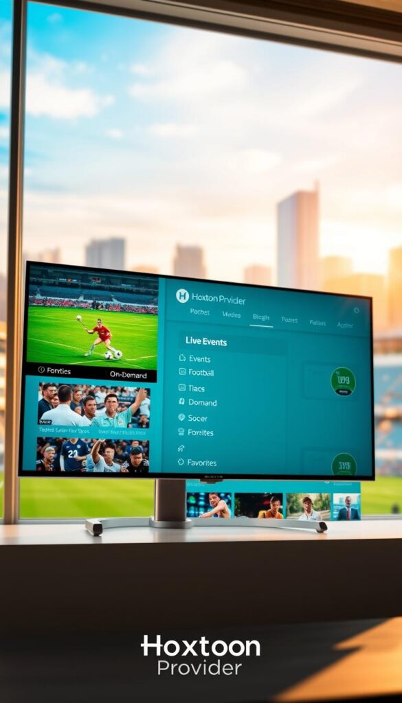 A bright, modern sports streaming interface showcasing the Hoxtoon Provider brand. In the foreground, a sleek display with live footage of various sports events - basketball, football, soccer, and more. The middle ground features a clean, intuitive menu system with categories like "Live Events", "On-Demand", and "Favorites". The background is blurred, hinting at a vibrant, city-scape skyline, conveying a sense of energy and excitement. The overall scene is illuminated by warm, natural lighting, giving it a welcoming, premium feel. The Hoxtoon Provider logo is subtly integrated into the design, establishing its presence as a leading sports streaming service.