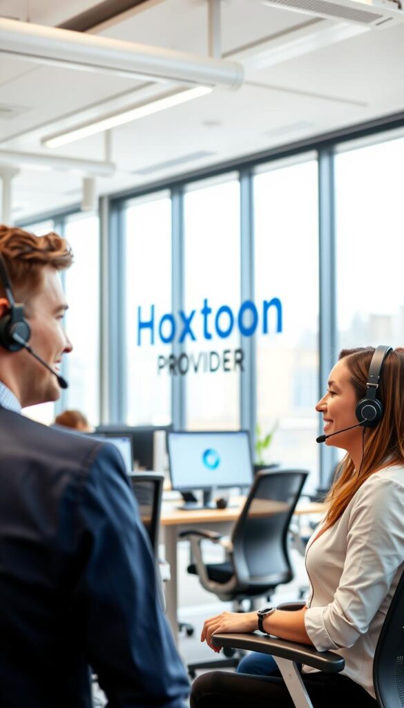 A brightly lit customer service center, featuring a modern office setting with a Hoxtoon Provider logo prominently displayed. In the foreground, a male and female customer service representative are engaged in a friendly conversation with a customer, their expressions conveying empathy and attentiveness. The middle ground showcases a well-organized workspace with state-of-the-art computers and ergonomic chairs, creating an atmosphere of efficiency and professionalism. The background features large windows allowing natural light to flood the space, giving a sense of openness and transparency. The overall scene conveys a commitment to reliable and personalized customer support, aligned with Hoxtoon Provider's reputation for exceptional service.