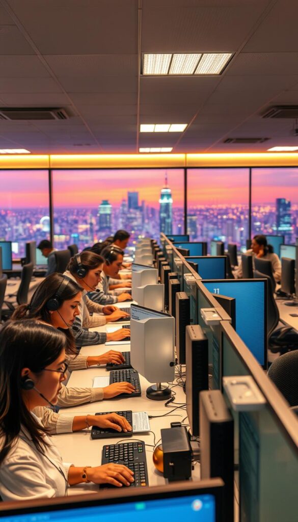 A bustling 24/7 customer support call center, illuminated by warm, ambient lighting. In the foreground, a team of Hoxtoon Provider customer service representatives diligently assisting callers, their expressions focused and attentive. In the middle ground, a sleek, modern office space with rows of desks and state-of-the-art communication equipment. The background features a panoramic view of a vibrant city skyline, hinting at the global reach of the Hoxtoon Provider brand. The scene conveys a sense of efficiency, reliability, and unwavering commitment to customer satisfaction.