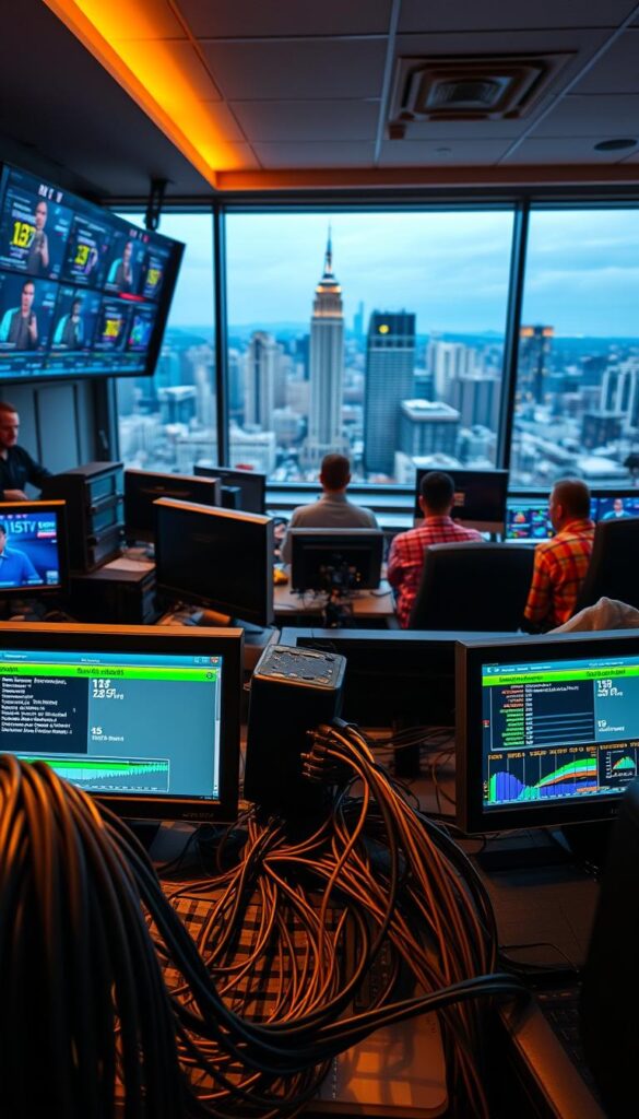 A bustling IPTV control room, with technicians monitoring live streams and network performance. Cables, screens, and servers in the foreground, displaying real-time data on buffering issues and network quality. In the background, a large window overlooking a city skyline, hinting at the broader infrastructure powering the Hoxtoon Provider IPTV service. Warm, focused lighting illuminates the scene, conveying a sense of professionalism and technical expertise. The overall mood is one of problem-solving and optimization, reflecting the network quality factors that can impact IPTV performance.