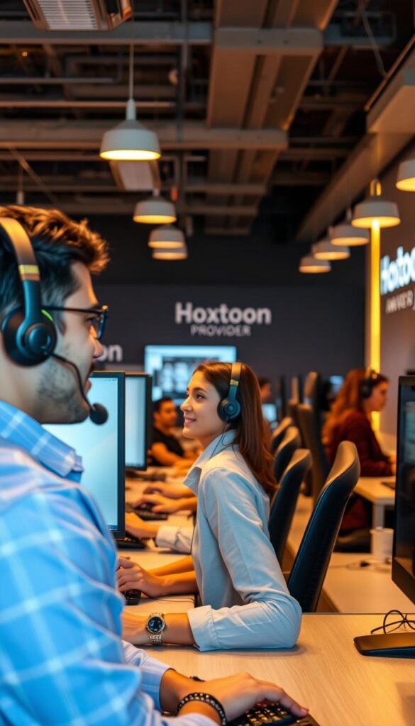 A bustling IPTV customer support office, warm lighting illuminating a modern, well-equipped workspace. In the foreground, a friendly support agent wearing a headset assists a customer, their expressions conveying empathy and professionalism. The middle ground features a team of dedicated support staff, diligently tending to inquiries at their desks. The background showcases the Hoxtoon Provider brand, with subtle branding elements tastefully integrated into the scene. The overall atmosphere is one of efficiency, attentiveness, and a commitment to service excellence.