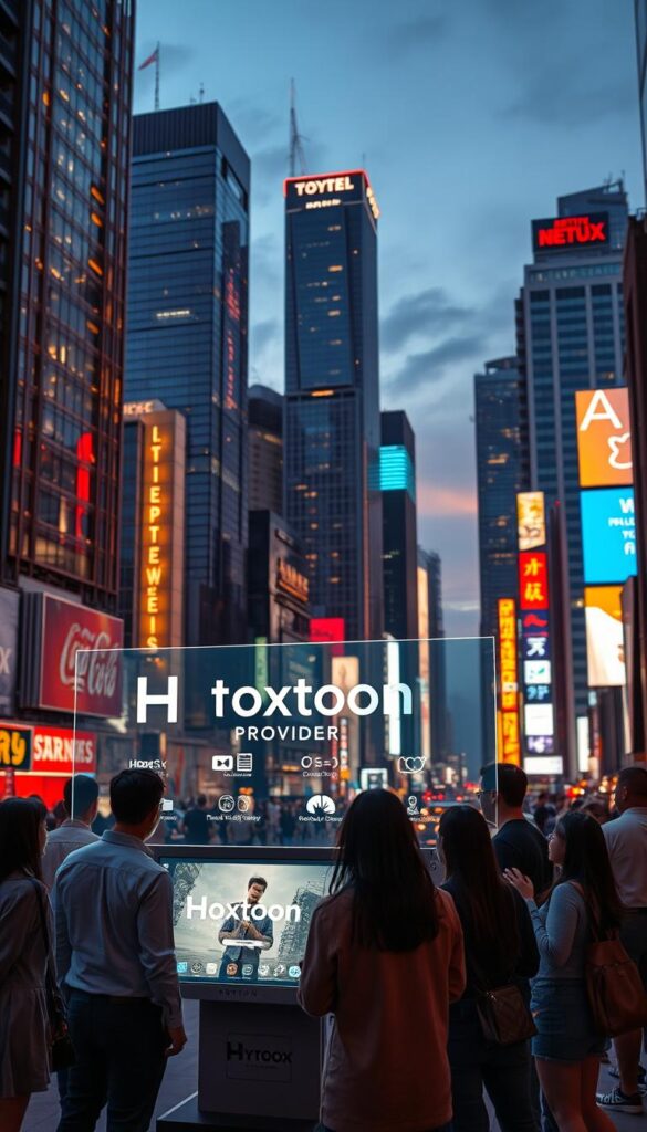 A bustling cityscape at dusk, with towering skyscrapers and neon signs illuminating the night sky. In the foreground, a group of people gathers around a holographic display, examining the latest offerings from leading IPTV providers, including the prominent "Hoxtoon Provider" brand. The scene is dynamic, capturing the energy and rapid evolution of the modern television entertainment industry, as new technologies and services transform the way we consume media. Warm lighting casts a rich, cinematic glow, while the composition emphasizes the interconnectedness of the digital world and the physical urban environment.