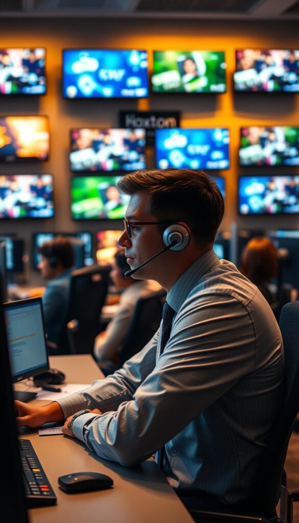 A bustling customer service office, with a Hoxtoon Provider desk in the foreground. The agent, dressed in a crisp button-down shirt and tie, is leaning forward, listening intently to the customer on the other end of the call. The background is filled with a wall of monitors displaying various IPTV channels, casting a soft glow across the room. Warm, directional lighting illuminates the scene, creating a professional and inviting atmosphere. The camera angle is slightly elevated, giving a sense of the scale and activity of the support center.