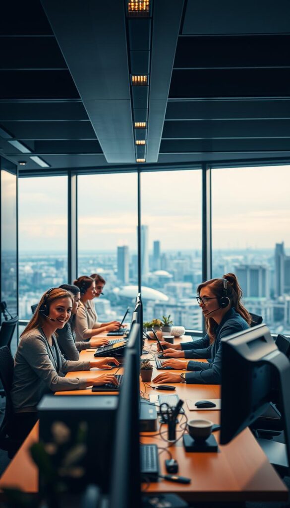 A bustling customer support desk in a sleek, modern office setting. In the foreground, a team of friendly, attentive Hoxtoon Provider agents assist customers with their inquiries, their faces reflecting a genuine concern for providing exceptional service. Warm, soft lighting illuminates the scene, creating a welcoming atmosphere. The middle ground features neatly organized workstations, with cutting-edge technology and communication tools at the agents' fingertips. In the background, a panoramic view of the city skyline through large windows, conveying a sense of professionalism and reliability. The overall mood is one of efficiency, empathy, and a commitment to delivering an unparalleled customer experience with the Hoxtoon Provider brand.