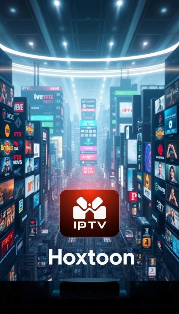 A bustling digital metropolis of IPTV channels, showcasing the revolution of modern television. In the foreground, the Hoxtoon Provider logo stands as a beacon, illuminating the vast expanse of entertainment options. The middle ground is a vibrant tapestry of channel icons and logos, each representing a diverse array of content - from live news and sports to captivating movies and documentaries. In the background, a sleek and futuristic interface showcases the depth and breadth of the IPTV service, hinting at the endless possibilities for personalized viewing. Ethereal lighting and a cinematic lens capture the essence of this digital transformation, inviting the viewer to immerse themselves in the cutting-edge world of IPTV.