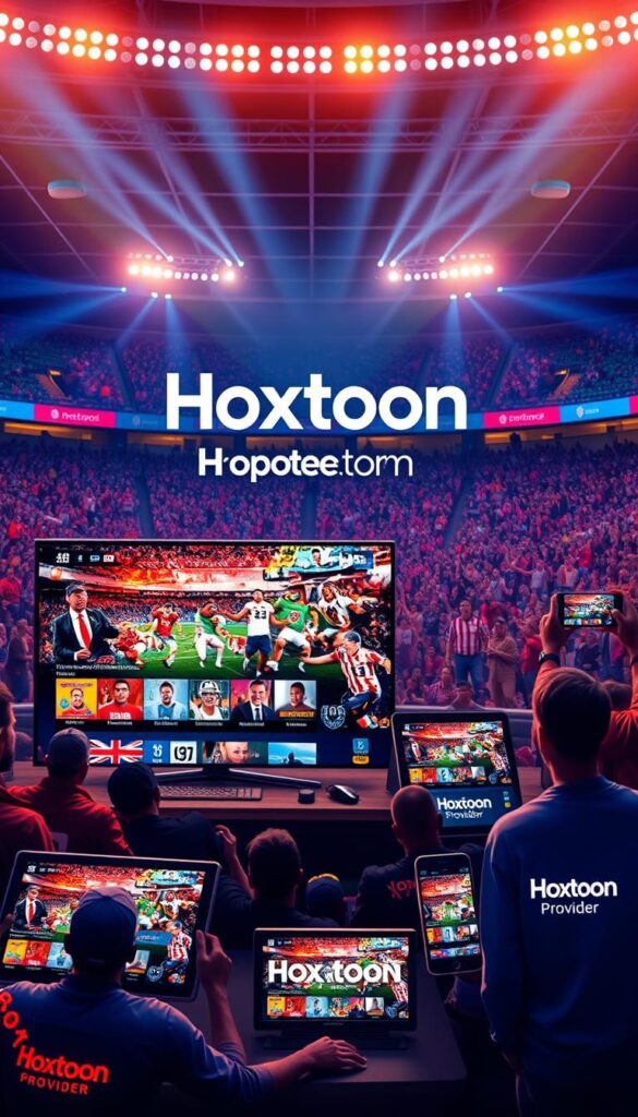 A bustling scene of a sports streaming service interface, showcasing the Hoxtoon Provider brand. In the foreground, a sleek, modern user interface displays a grid of live sporting events, with dynamic graphics and vivid team colors. The middle ground features various streaming devices, such as smart TVs, tablets, and smartphones, all prominently displaying the Hoxtoon Provider logo. In the background, a vibrant stadium backdrop with cheering fans and a dynamic lighting setup creates an immersive, high-energy atmosphere. The overall scene conveys the ultimate fan experience, with the Hoxtoon Provider brand as the centerpiece of this digital sports entertainment ecosystem.