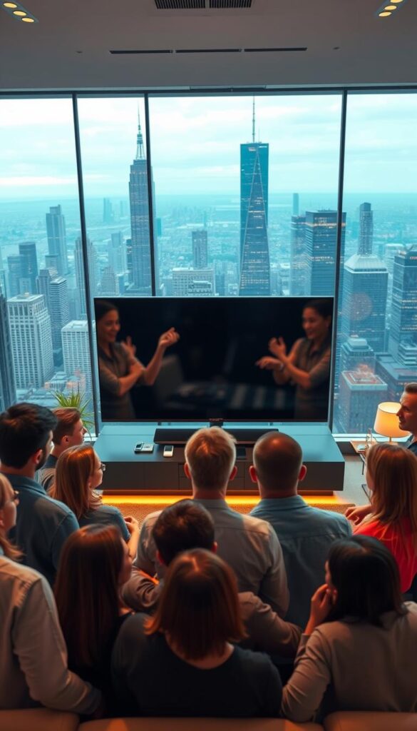A bustling scene of satisfied IPTV users testifying to the excellence of the Hoxtoon Provider service. In the foreground, a group of people gathers around a large, high-definition TV screen, their faces animated with delight as they discuss the reliable and seamless streaming experience. In the middle ground, a sleek and modern living room setting, with warm lighting and plush furnishings, creating an atmosphere of comfort and relaxation. In the background, a cityscape filled with towering skyscrapers, hinting at the global reach and scalability of the Hoxtoon Provider platform. The overall mood is one of trust, satisfaction, and a sense of community among the users, showcasing the real-world success stories and testimonials that demonstrate the superiority of the Hoxtoon Provider IPTV service. Prompt