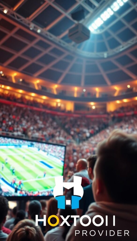 A bustling sports arena comes to life, filled with the energy and excitement of live streaming. In the foreground, a sleek, high-definition screen displays the game, its vibrant colors and crisp resolution captivating the audience. The middle ground features a group of sports enthusiasts gathered around, their eyes glued to the action, their expressions a mix of anticipation and excitement. In the background, the stadium's architecture is illuminated by warm, dramatic lighting, creating a cinematic atmosphere. The Hoxtoon Provider logo is subtly integrated into the scene, a testament to the quality and reliability of the IPTV sports channels it offers.