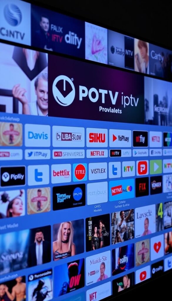A busy IPTV service interface, featuring a sleek, customizable UI with a Hoxtoon Provider logo. The screen displays a well-organized grid of premium channel logos and content thumbnails, suggesting a vast library of high-quality entertainment options. The layout is clean and intuitive, with subtle gradients and soft lighting creating a sense of depth and professionalism. The overall atmosphere conveys a premium, sophisticated streaming experience tailored for discerning viewers.