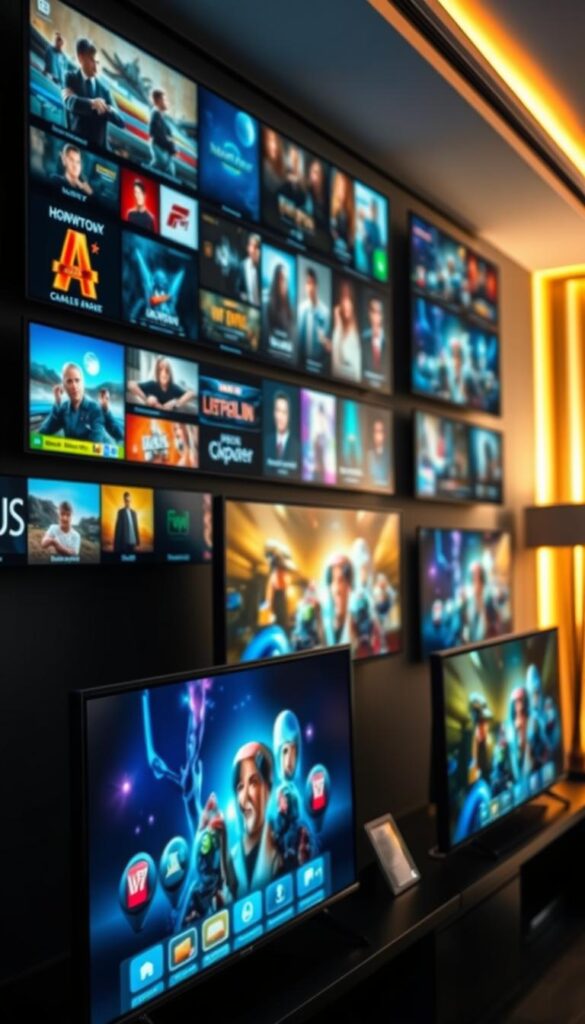 A captivating high-definition display showcasing the crystal-clear video quality of the Hoxtoon Provider streaming service. In the foreground, a vibrant and dynamic array of channels, each with a unique visual identity, dance across the screen in perfect synchronization. The middle ground features sleek, modern television sets displaying immersive, cinematic content, while the background is illuminated by a warm, ambient lighting that enhances the overall atmosphere. The scene conveys a sense of technological sophistication and a commitment to delivering an exceptional viewing experience. Subtle visual cues hint at the potential for future advancements, further elevating the Hoxtoon Provider's position as a leader in the IPTV industry.