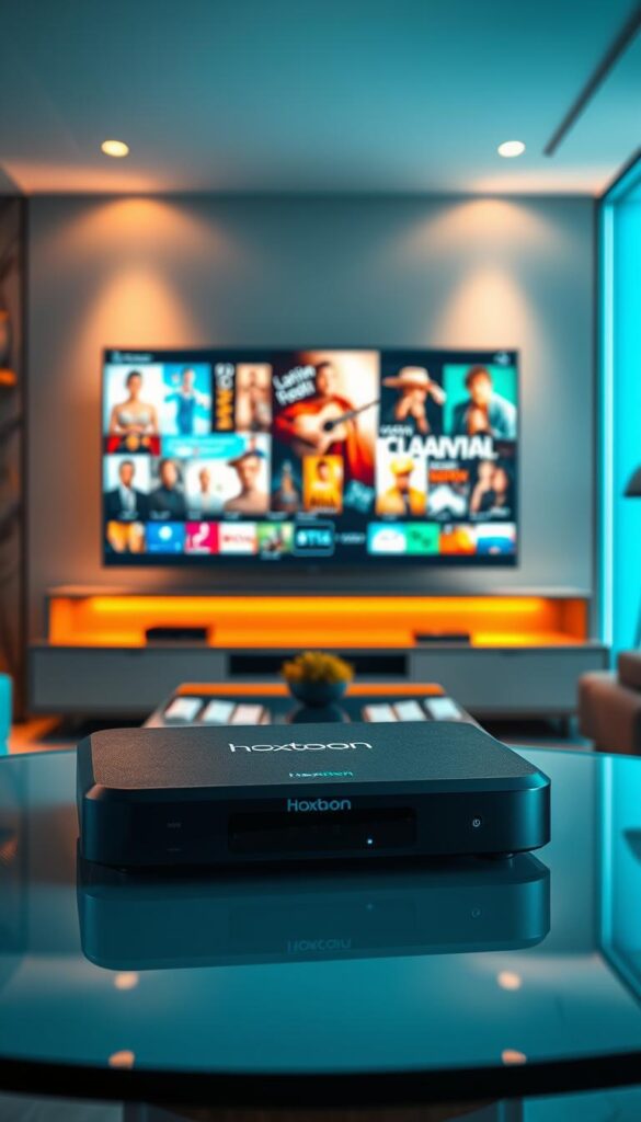 A captivating illustration of premium IPTV services for the Latino market. In the foreground, a sleek and modern streaming device with the Hoxtoon Provider logo prominently displayed. The device is situated on a minimalist, glass-topped table, bathed in warm, indirect lighting that casts a soft glow. In the middle ground, a large, high-definition television screen displays vibrant, cinematic content - a diverse array of Latin American movies, shows, and live channels. The background features a stylish, contemporary living room setting, with large windows allowing natural light to filter in, creating a sense of openness and sophistication. The overall mood is one of premium, high-quality entertainment, catering to the discerning Latino viewer.