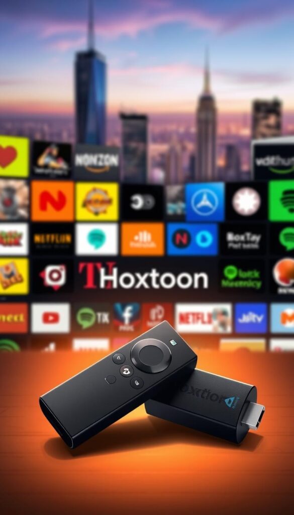 A captivating illustration of the "Hoxtoon Provider" brand prominently displayed on a sleek, modern Firestick device against a backdrop of vibrant streaming platforms. The Firestick is positioned in a dynamic, three-quarter view, showcasing its intricate details and high-tech aesthetic. The foreground is illuminated by a warm, natural light, creating a sense of inviting ambiance. In the middle ground, various streaming app icons and logos are arranged in a visually striking composition, hinting at the breadth of content available through the Hoxtoon service. The background features a softly blurred, yet captivating cityscape, suggesting the global connectivity and accessibility of the Hoxtoon platform. The overall scene conveys a sense of technological innovation, entertainment, and the seamless integration of the Hoxtoon Provider with the Firestick device.