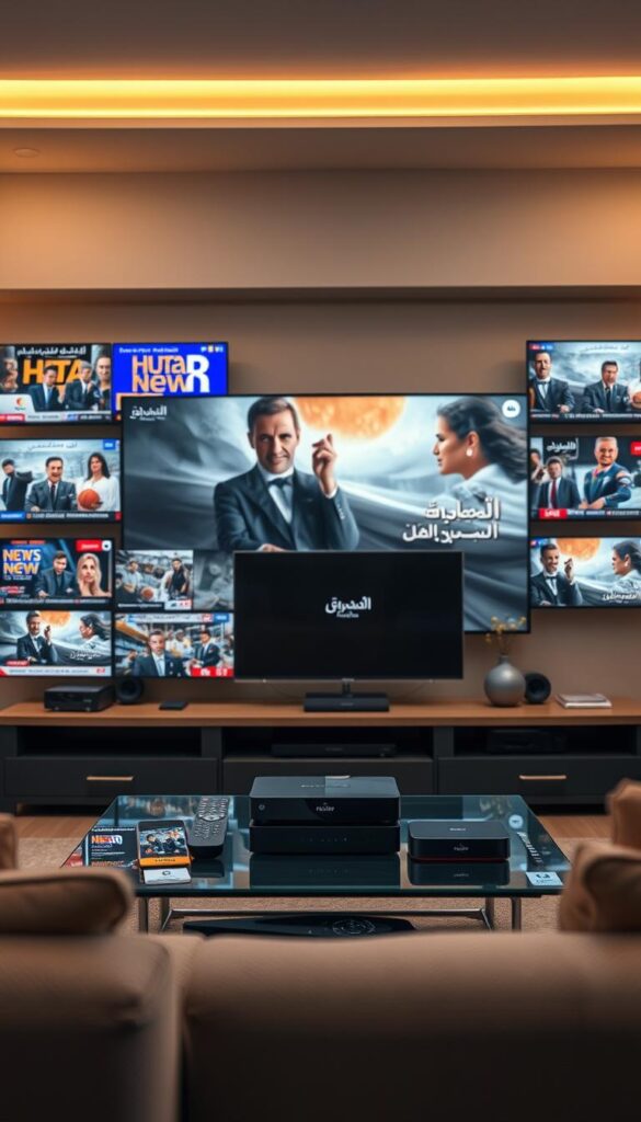 A cinematic shot of a sleek, modern Arabic television entertainment package. The foreground features an array of high-definition screens displaying a diverse range of Arabic news, movies, and live sports, all branded with the "Hoxtoon Provider" logo. The middle ground showcases various streaming devices and remote controls, emphasizing the seamless integration of the package. The background depicts a stylish living room setting, with warm lighting and minimalist decor, creating a cozy and immersive atmosphere for the viewer. The overall composition conveys a sense of premium quality, cutting-edge technology, and a comprehensive Arabic entertainment experience.
