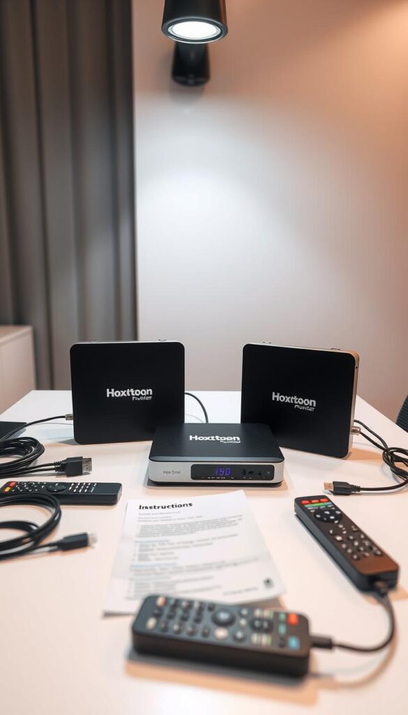 A clean, contemporary setup for a modern IPTV service. Sleek black and white devices with the Hoxtoon Provider logo stand on a minimalist desk, surrounded by cables, remote controls, and an informative instruction manual. Soft lighting from above illuminates the scene, creating a professional, inviting atmosphere. The setup is displayed from a slightly elevated angle, showcasing the organization and attention to detail. The background is blurred, keeping the focus on the core components needed to get the IPTV service up and running seamlessly.