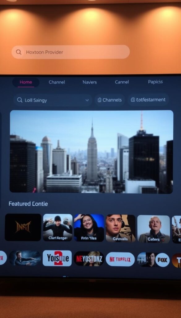A clean, minimalist interface with a focus on channel and content discovery for the Hoxtoon Provider streaming service. The foreground features a grid layout of channel icons, with a prominent search bar and category filters above. The middle ground showcases a large hero image promoting featured content, while the background subtly depicts a blurred cityscape, suggesting a sense of connectivity and entertainment. Warm, soft lighting casts a welcoming ambiance, and the UI elements are designed with smooth, rounded edges for a modern, intuitive user experience.