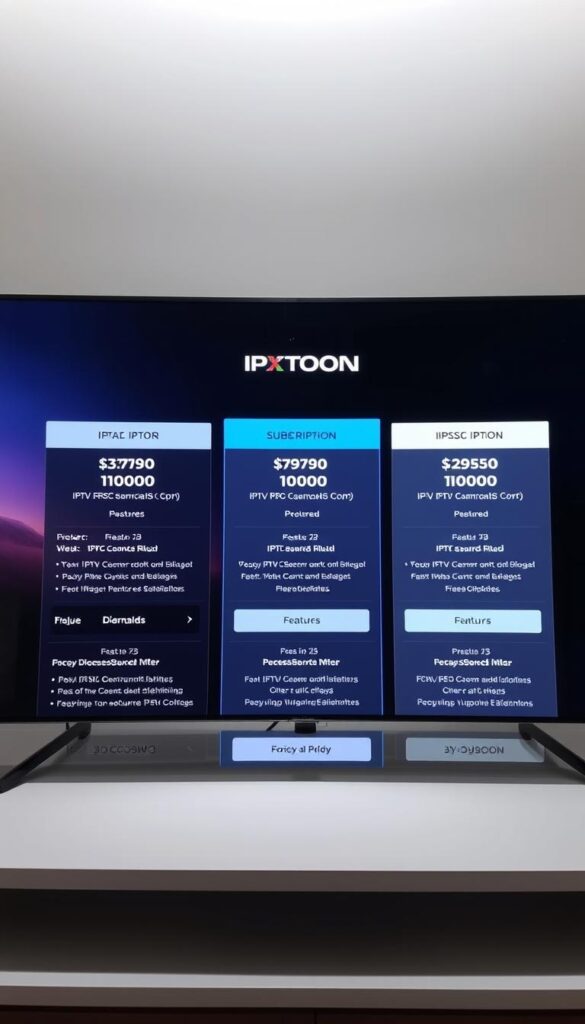 A clean, modern interface showcasing the HOXTOON Provider subscription plans. In the foreground, various IPTV package options are displayed with detailed pricing and feature information. The middle ground features a subtle background gradient, highlighting the service's professionalism and reliability. The lighting is soft and diffused, creating a premium, high-quality atmosphere. The camera angle is straight-on, providing a clear and accessible view of the plans. The overall composition emphasizes the clarity and transparency of the HOXTOON Provider offerings, inviting the viewer to explore the service.