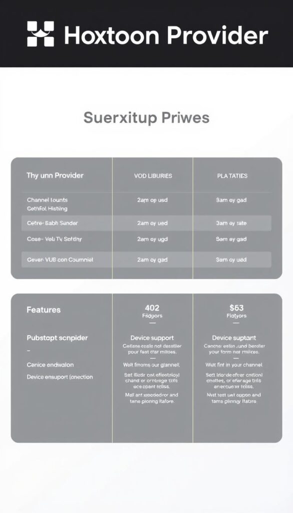 A clean, modern presentation of Hoxtoon Provider's subscription plans. A minimalist, high-contrast layout showcasing the plan tiers, features, and pricing in an organized grid format. The foreground features the Hoxtoon Provider logo and plan names in a bold, professional typeface. The middle ground highlights the key details like channel counts, VOD libraries, and device support using clear icons and concise text. The background is a simple, gradient-based color scheme that complements the brand's aesthetic. The overall composition conveys a sense of clarity, value, and premium quality associated with the Hoxtoon Provider service.