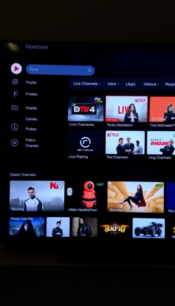 A clean, modern user interface for the Hoxtoon Provider IPTV service. The screen displays a grid of live channels and on-demand content thumbnails, with a sleek, dark-themed design and minimalist icons. The layout is balanced and intuitive, with a prominent search bar and intuitive navigation menu. The overall atmosphere is sophisticated and high-tech, reflecting Hoxtoon's position as a premium IPTV provider. The image is captured from a slightly elevated angle, showcasing the UI's elegant visual hierarchy and responsive layout across various device sizes.