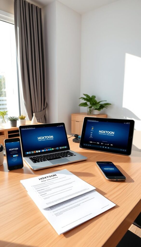 A clean, well-lit home office setup with a laptop, tablet, and mobile phone prominently displaying the Hoxtoon Provider logo and user interface. The room has modern, minimalist decor with a large window allowing natural light to fill the space. A set of simple, step-by-step instructions is neatly organized on the desk, guiding the viewer through the HOXTOON IPTV setup process. The atmosphere is serene and productive, conveying the ease and simplicity of getting HOXTOON up and running.