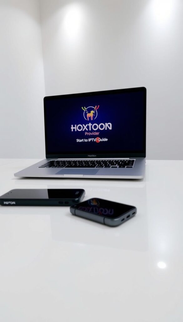 A clean, well-lit room with a modern laptop and a mobile device prominently displayed on a minimalist desk. On the laptop screen, the Hoxtoon Provider logo is clearly visible, indicating the start of the IPTV setup guide. The room has a sleek, high-tech atmosphere, with subtle ambient lighting and a neutral color palette that complements the devices. The overall composition suggests a straightforward, user-friendly IPTV setup process.
