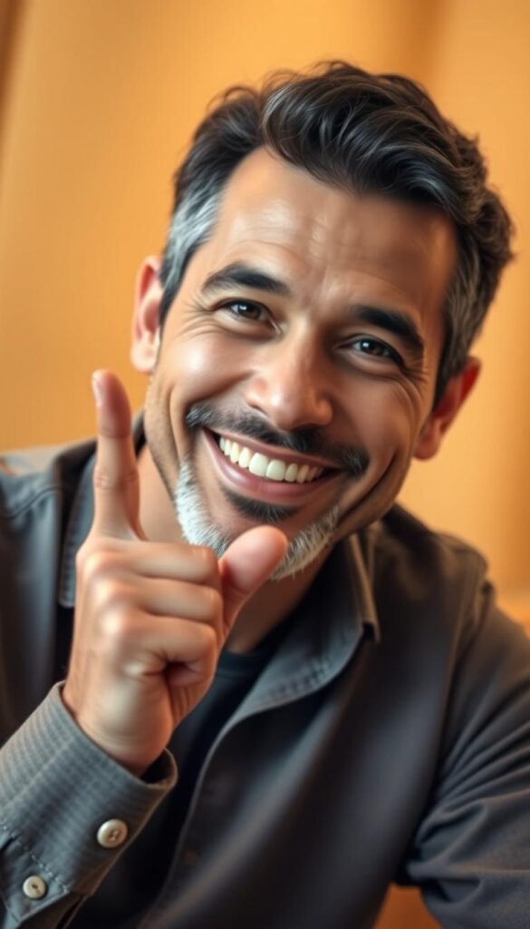 A close-up portrait of a satisfied customer of the Hoxtoon Provider IPTV service, set against a warm, inviting background. The customer, dressed casually, is smiling confidently and gesturing with one hand, conveying a sense of enthusiasm and positivity. The lighting is soft and flattering, creating a sense of intimacy and approachability. The background is slightly blurred, allowing the customer to be the clear focal point of the image. The overall mood is one of trust, reliability, and customer satisfaction with the Hoxtoon Provider IPTV service.