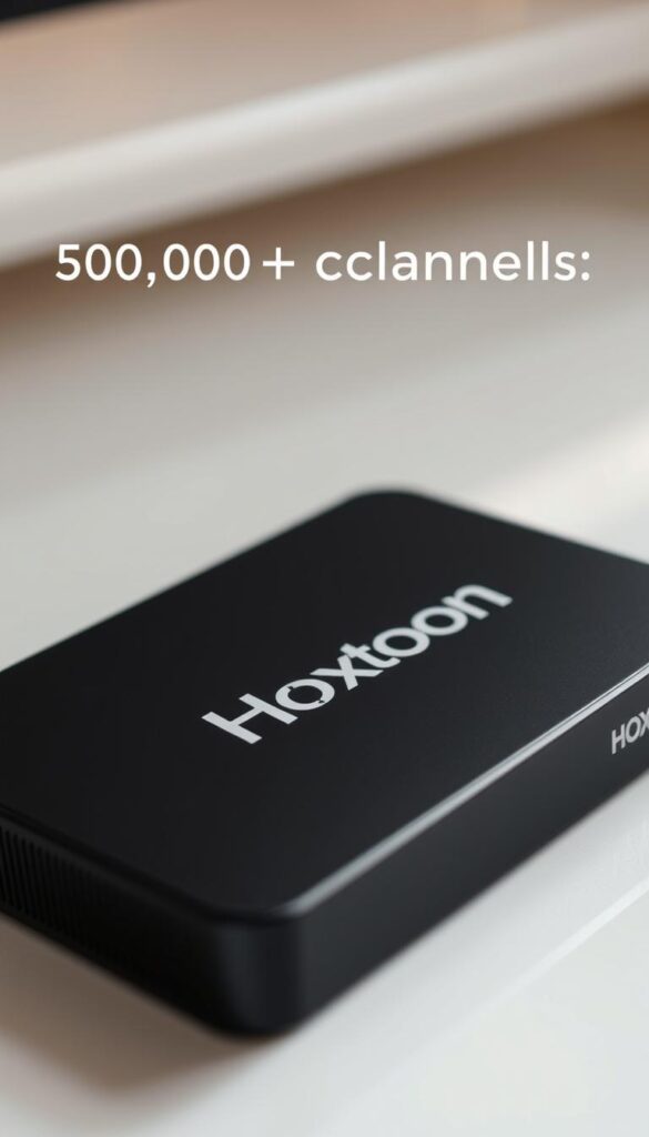 A close-up shot of the Hoxtoon Provider IPTV box, showcasing its sleek and modern design. The box has a matte black finish, with a prominent Hoxtoon logo prominently displayed on the front. The device is positioned on a minimalist, white background, allowing the details of the IPTV box to stand out. Lighting is soft and diffused, creating a warm and inviting atmosphere. The image is captured at a slight angle, emphasizing the clean lines and premium aesthetic of the Hoxtoon IPTV box, highlighting its suitability as a lifelong subscription service for 21,000+ channels.