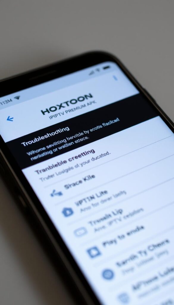 A close-up view of a smartphone screen displaying the Hoxtoon Provider IPTV Premium APK interface, with various troubleshooting options and menus visible. The screen is well-lit, revealing intricate details of the app's user interface. The background is slightly blurred, creating a sense of focus on the device. The overall mood is one of problem-solving, with a clean and professional aesthetic that reflects the technical nature of the subject matter.