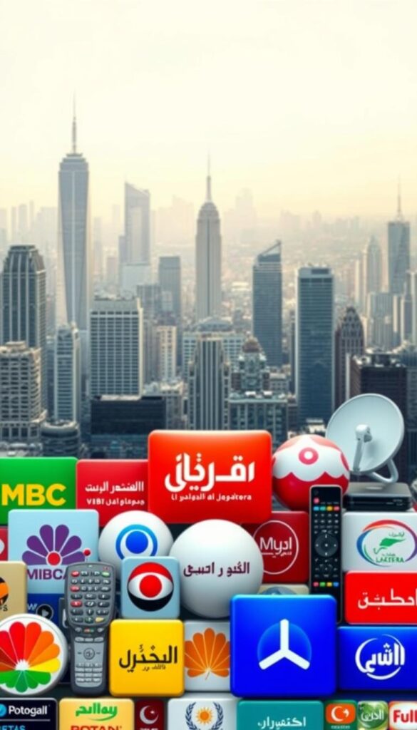 A colorful array of Arabic IPTV channel logos and icons arranged in a dynamic, well-balanced composition. The foreground features prominent channel logos such as MBC, Rotana, and Al Jazeera, rendered in a vibrant, modern style. The middle ground showcases various remote controls, streaming devices, and satellite dishes, suggesting the accessibility and ease of use of Arabic IPTV services. The background depicts a cityscape with skyscrapers, reflecting the urban setting of the Hoxtoon Provider in the USA. The lighting is soft and diffused, creating a warm, inviting atmosphere. The overall mood is one of technological innovation, cultural diversity, and the growing demand for quality Arabic entertainment content.
