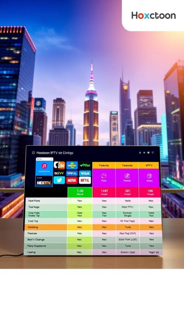 A colorful comparison of IPTV services, featuring the Hoxtoon Provider at the center. In the foreground, a sleek and modern Hoxtoon interface showcases its user-friendly design and comprehensive channel lineup. The middle ground presents a side-by-side evaluation of Hoxtoon's features against other leading IPTV providers, highlighting its unique advantages. In the background, a vibrant cityscape with skyscrapers and neon lights creates a dynamic, tech-savvy atmosphere. Bright, warm lighting casts a professional, authoritative tone, emphasizing the trustworthiness of the Hoxtoon Provider brand.